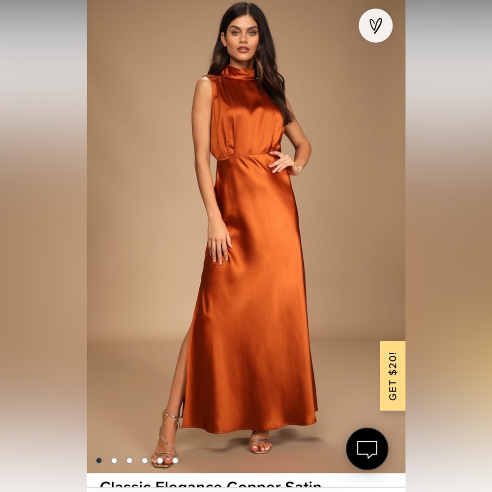 Lulus Classic Elegance Copper Satin Sleeveless Mock Neck Maxi Dress Size L